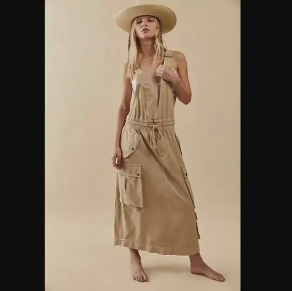 Free People Dresses & Skirts - Free People Cargo Skirtall Overalls Utility Dress Jumper XS Mustard (tan) NEW